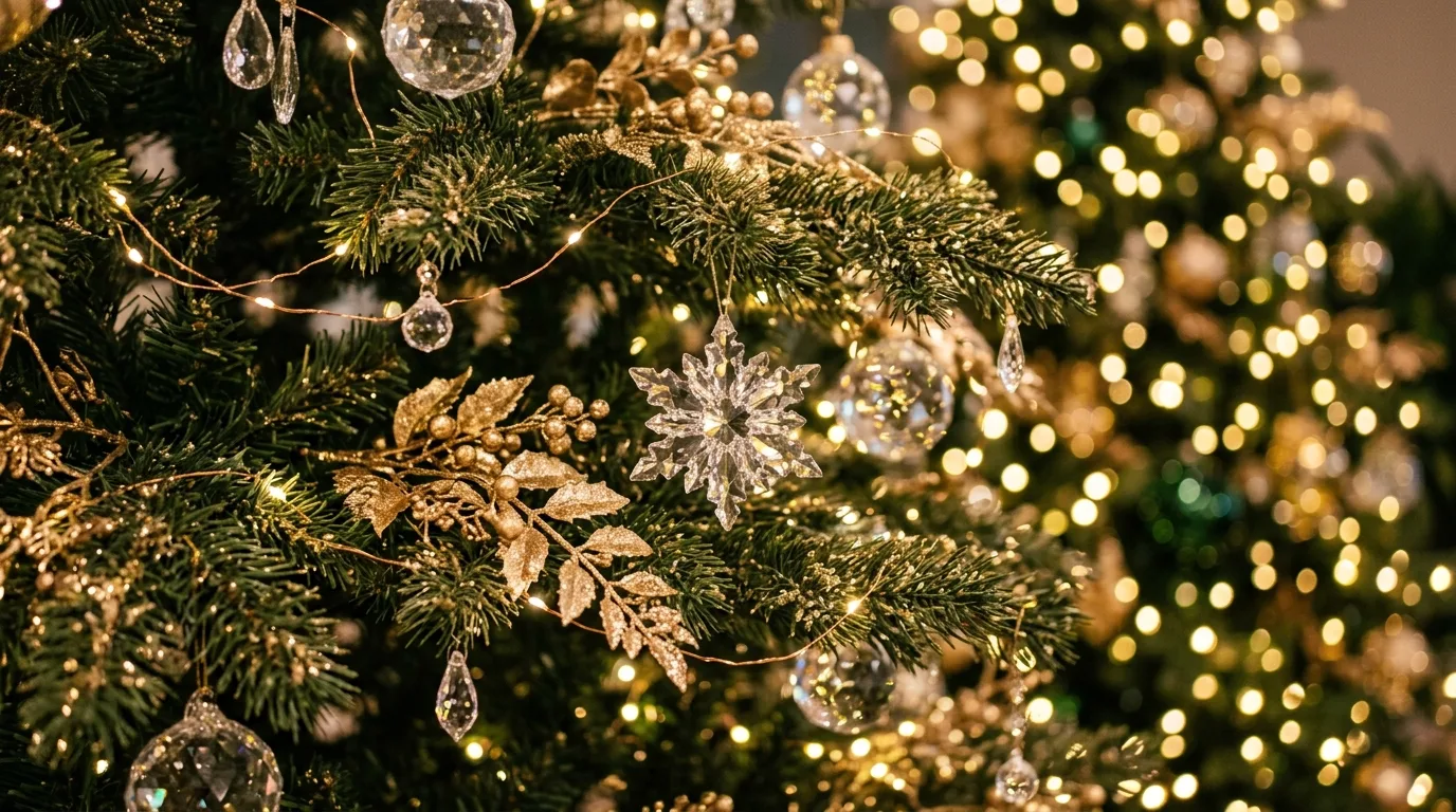 Luxury Christmas tree branch with crystal and gold ornaments.
